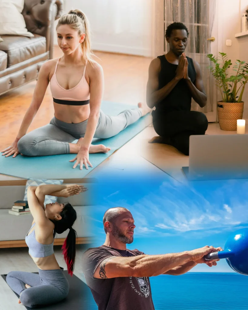 Prática de yoga, meditação e treino com kettlebell em casa, integrando corpo e mente