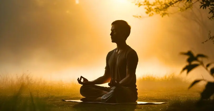 Homem meditando sentado, com expressão de foco e presença plena.