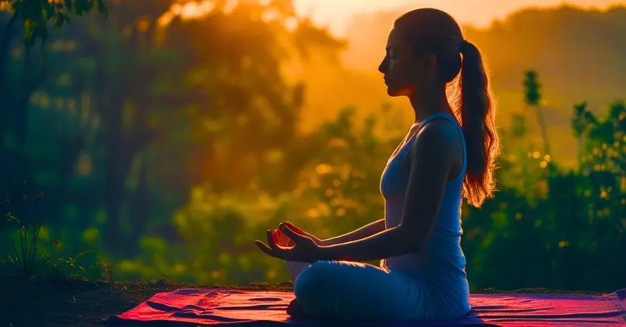 Mulher meditando em posição de lótus, transmitindo calma e clareza, em um ambiente tranquilo.