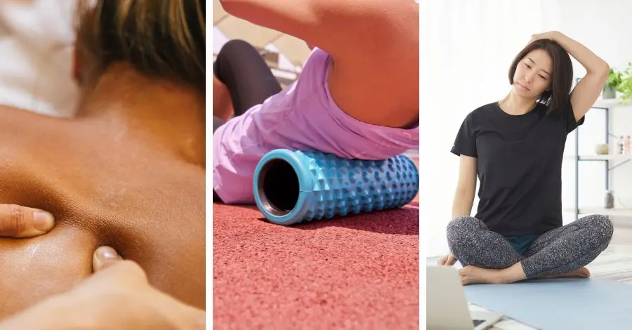 Métodos de recuperação para dor muscular pós-treino, incluindo yoga, liberação miofascial e massagem.