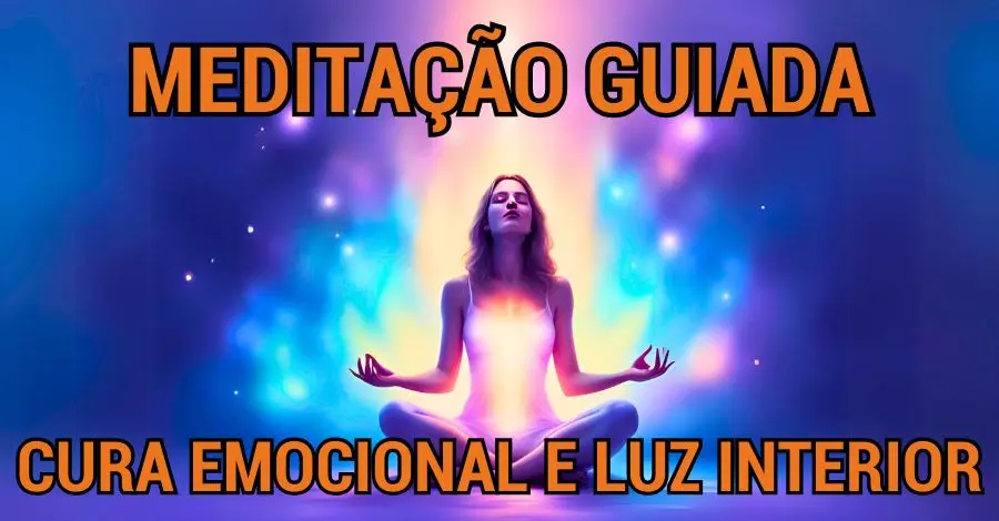 Mulher meditando com olhos fechados, iluminada por luzes vibrantes, com os dizeres "MEDITAÇÃO GUIADA" e "CURA EMOCIONAL E LUZ INTERIOR".